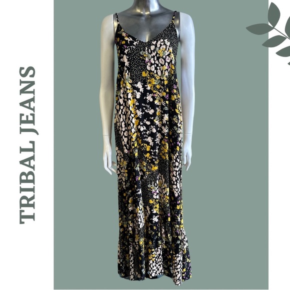 Tribal Jeans Floral Print Maxi Dress Back Elastic Smocking Black Yellow Size XS - Picture 5 of 14